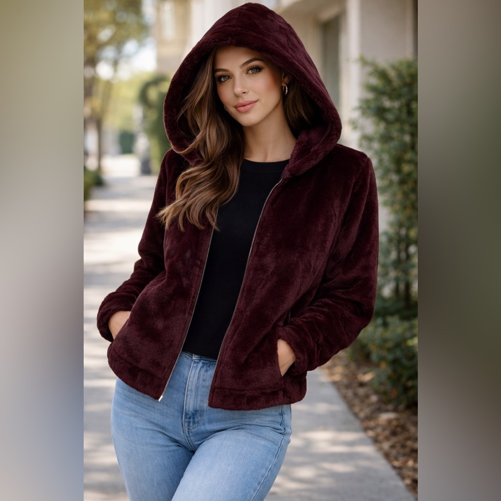 NEW Marc New York Hooded Jacket in Rich Faux Fur Burgundy